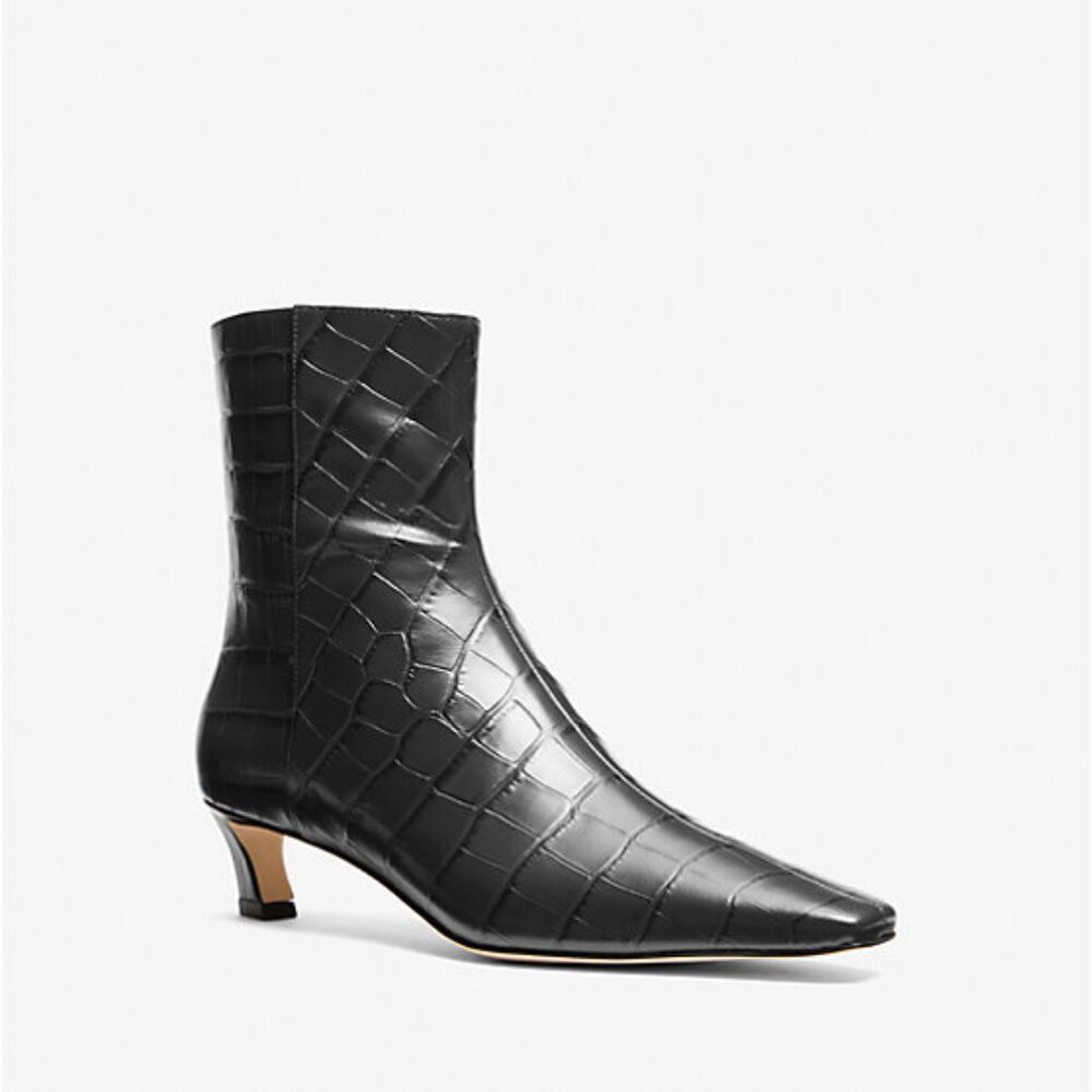 NWOB Michael Kors Cosmo Crocodile Embossed Leather Kitten Heel Dress Bootie